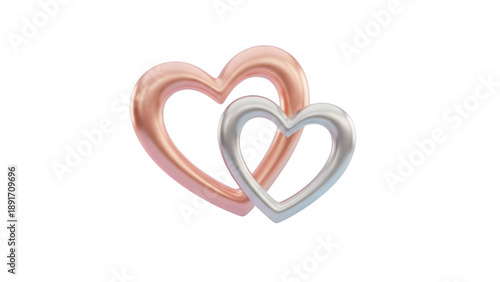3D Intertwined Metallic Hearts Rose Gold and Silver Isolated on Transparent Background PNG

