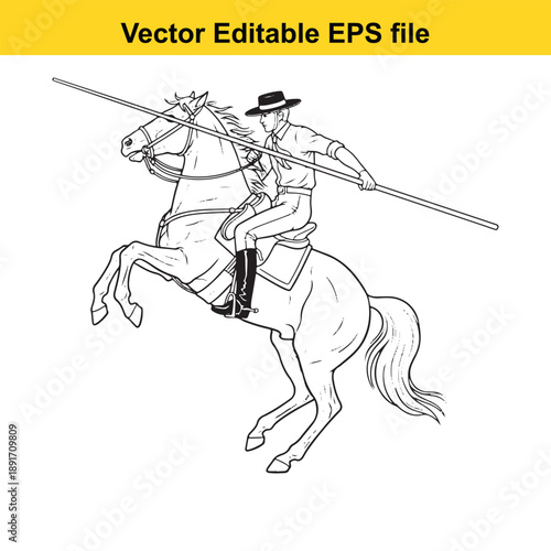 vsai Cowboy riding horse with lance vector illustration line art black and white western theme equestrian scene editable eps file