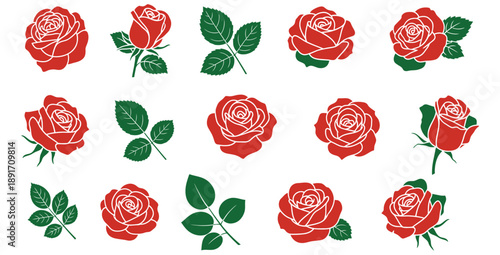 Collection of stylized red rose icons showing various bloom stages and detailed green leaf silhouettes perfect for romantic graphic design projects