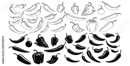 Collection of various chili pepper illustrations showcasing outline drawings and solid black silhouettes representing different spicy varieties for design elements