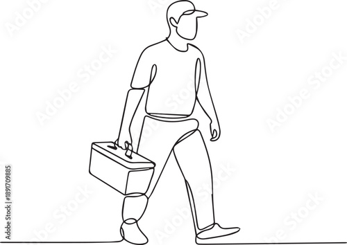 Man walking with toolbox, carrying equipment, in simple line art style