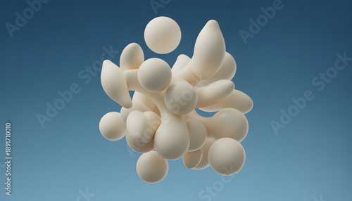 Abstract smooth 3D blob spheres and shapes against blue gradient background.