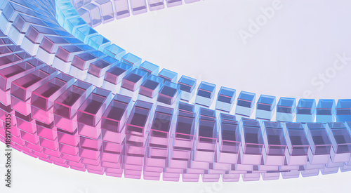 Abstract 3D render of pink and blue gradient glass cubes in circle.