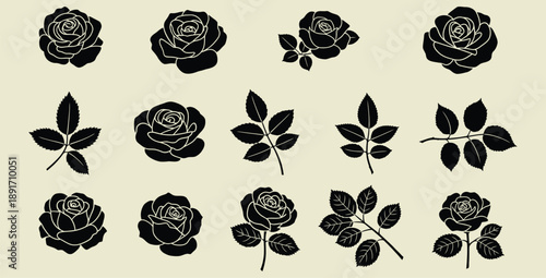 Collection of twelve distinct black silhouette vector graphics featuring various stages and elements of blooming roses including isolated flowers and detailed leafy stems for graphic design projects.