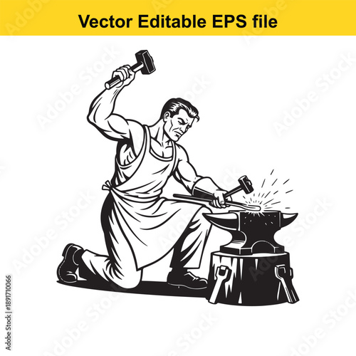 vsai Blacksmith working at anvil with hammer and tong creating metal object in workshop