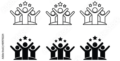 Collection of minimal silhouette icons illustrating a celebrated team standing together beneath a canopy of three stars representing achievement and collective success
