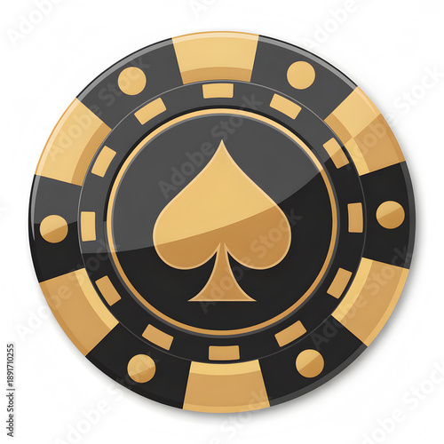 Gold and black poker chip with a spade on a white background.