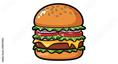 Delicious Double Cheeseburger with Fresh Toppings Illustration.