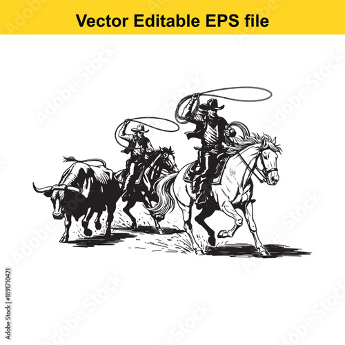 vsai Cowboys herding cattle with lasso on horseback in western landscape