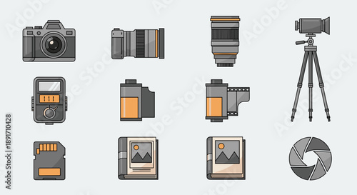 Collection of photography equipment and accessories icons.