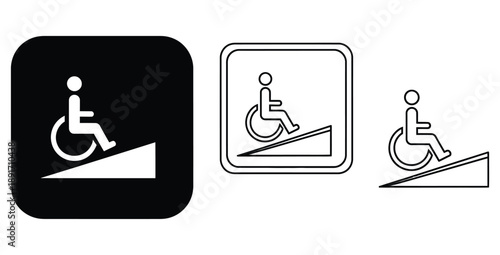 Collection of universally recognized handicap accessibility symbols illustrating a person using a wheelchair ascending or descending a ramp for navigation guidance