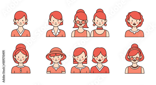 Collection of Diverse Female Avatars with Different Hairstyles and Accessories.