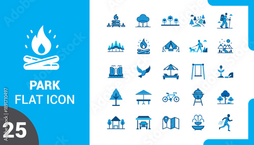 25 Park and Nature Flat Icons Set with Blue Two-Tone Style for UI Design