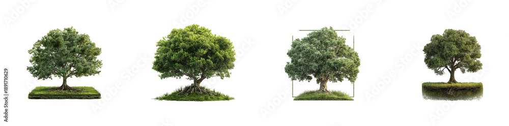 Obraz premium Four lush green trees with dense foliage in different growth stages isolated on transparent background