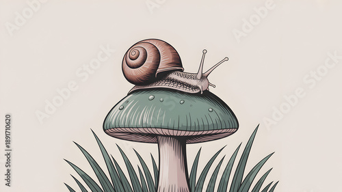 A charming illustration of a snail resting on top of a mushroom.