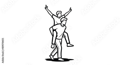 Two male figures demonstrate a piggyback ride with one person carrying the other in celebration or partnership.