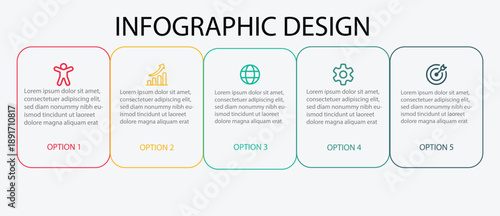 5 steps box infographic. Simple, modern, and colorful 5 steps infographic.  Thin line flat process . Vector linear elements for presentation.  