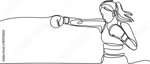 One single line drawing of young energetic woman boxer focus train her punch vector illustration. Sport combative training concept. one line Icon drawing