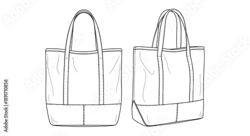Two distinct line drawings depict the front and slightly angled perspective of a rectangular canvas tote bag with dual handles.