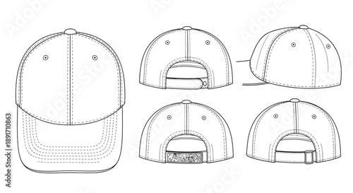 A set of six detailed technical drawings illustrates a baseball cap viewed from the front, sides, and back, showing strap adjustment details.