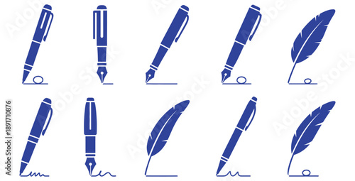 Collection of blue vector icons depicting various writing instruments including modern ballpoint pens dip nibs and stylized historical quill feathers poised for script