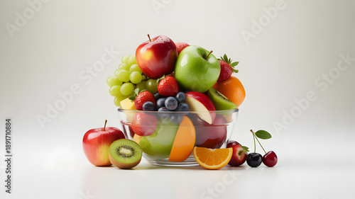 A clear bowl overflowing with fresh, colorful, and juicy assorted fruits.