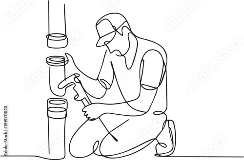 Man repairing pipes on the floor, kneeling with tools in hand, viewed from the side in a simple line art style