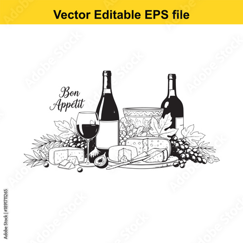 vsai Wine and cheese basket with bottles glass grapes and 'bon appetit' text elegant dinner setup