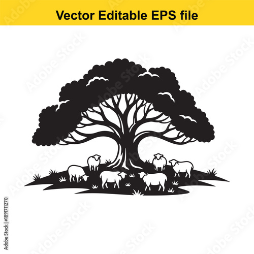 vsai Sheep flock gathered under a large tree in a serene natural setting with grass and foliage around