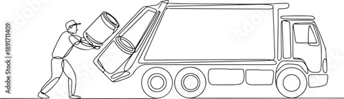 Single continuous line drawing trash man is preparing to lift the trash can into the back of the dump truck. Work with dedication. To keep the environment clean. one line Icon drawing