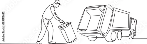 Single continuous line drawing trash man is preparing to lift the trash can into the back of the dump truck. Work with dedication. To keep the environment clean. one line Icon drawing