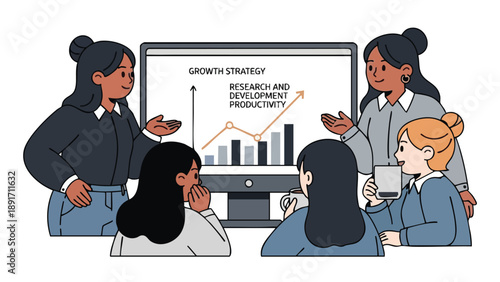 Data-Driven Strategy Session: Diverse Corporate Team Collaborating on Market Growth and R&D Productivity Goals