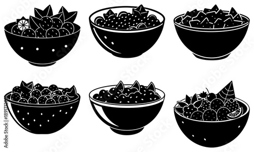 Six bowls filled with various fruits and vegetables are arranged on a table indoors.