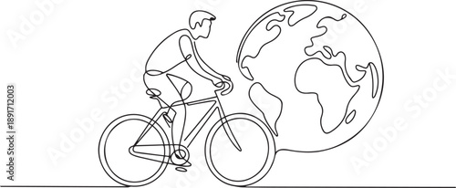 Minimalist one line drawing of a young man cycling with a large globe background, illustrating global cycling awareness for World Bicycle Day in a sport. one line Icon drawing