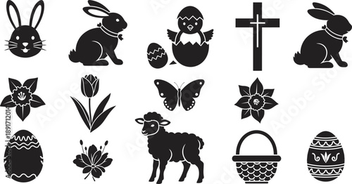 Easter symbols and icons in black silhouette on white background
