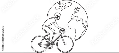 Minimalist one line drawing of a young man cycling with a large globe background, illustrating global cycling awareness for World Bicycle Day in a sport. one line Icon drawing