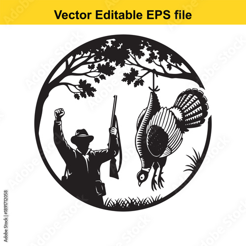 vsai Hunter man celebrating with rifle and dead turkey in autumn circle