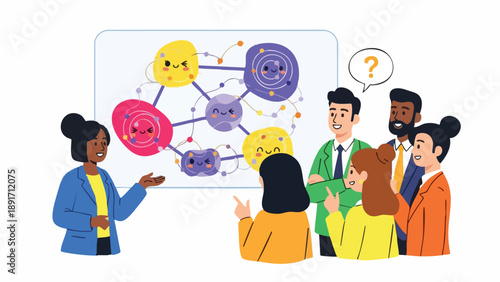 Facilitating complex strategy: Diverse team collaborating on a visual data network map during a high-impact corporate planning session.