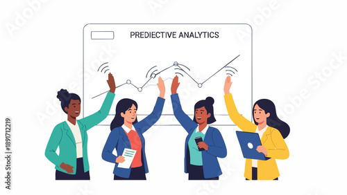 Diverse female leadership team celebrates successful KPI projection using advanced predictive analytics data