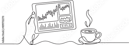 Single one line drawing hand holding tablet with stock market infographics. Monitoring stock values ​​in morning with a cup of coffee. one line Icon drawing