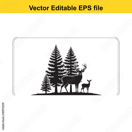 vsai Deer and fawn silhouette forest scene vector eps