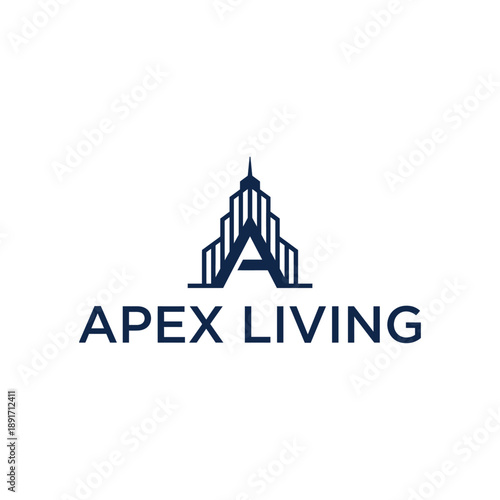 Geometric skyscraper silhouette forming the letter A for premium real estate and modern apartment branding named Apex Living