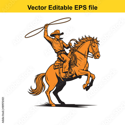 vsai Cowboy riding horse with lasso in hand vector illustration western style