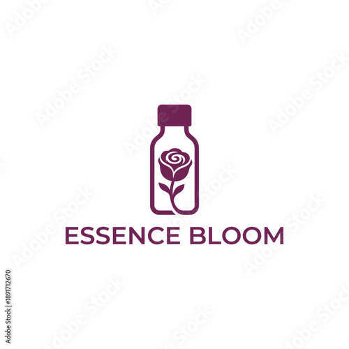 Elegant rose flower silhouette inside an essential oil bottle for organic beauty and aromatherapy branding named Essence Bloom
