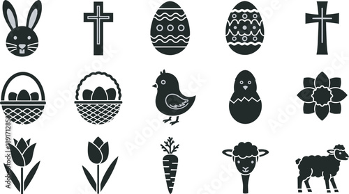 Easter icons and symbols in black silhouette on transparent background