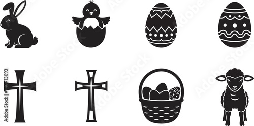 Easter symbols and icons in black silhouette on white background
