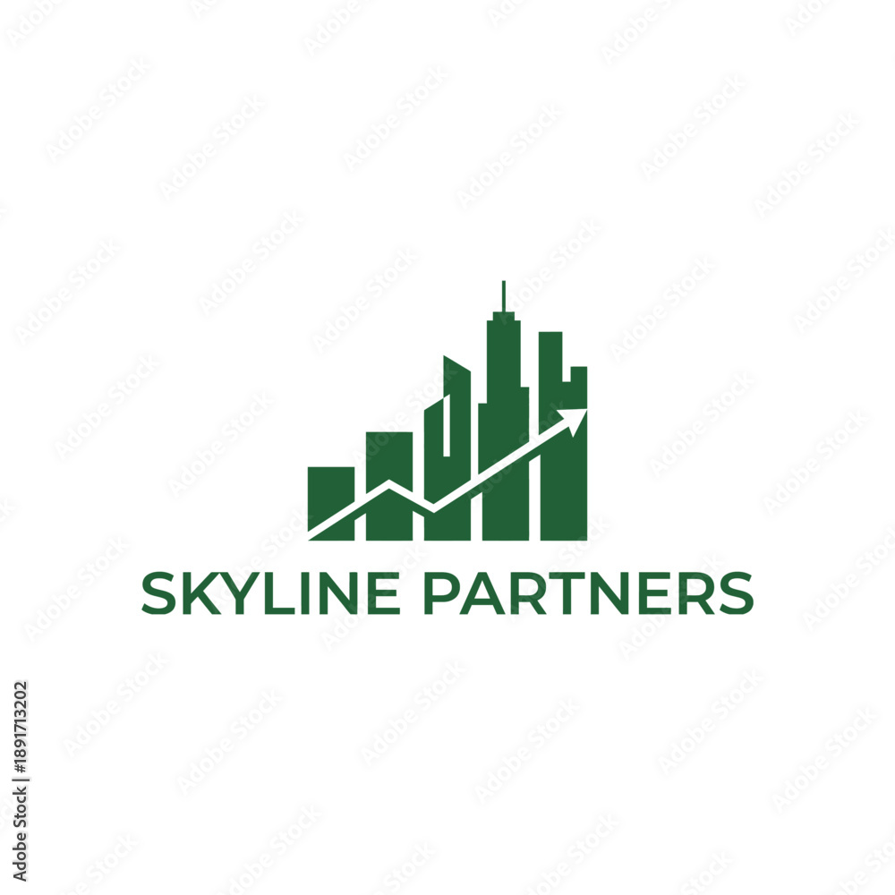 Fototapeta premium Modern city skyline silhouette with rising growth arrow for investment firm and financial consulting branding named Skyline Partners