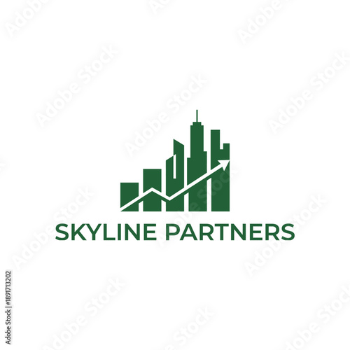 Modern city skyline silhouette with rising growth arrow for investment firm and financial consulting branding named Skyline Partners