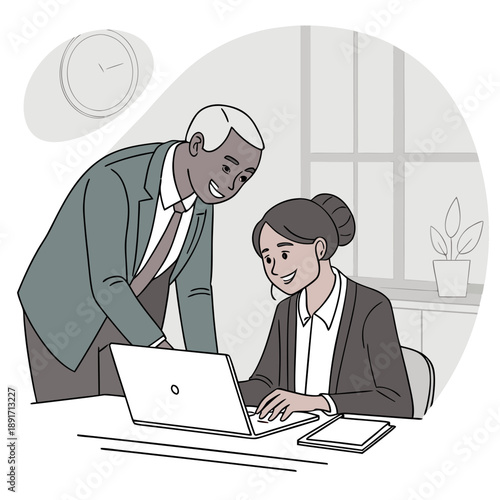 Experienced mentor guiding a young female professional on a laptop in a collaborative office setting