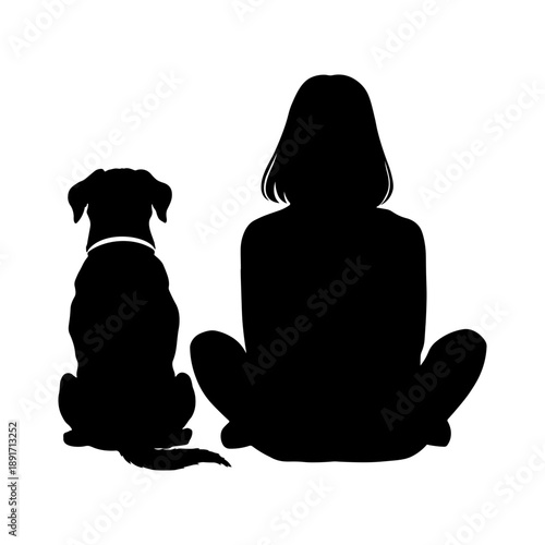 Black silhouette of a woman sitting next to a dog from the back, without background.